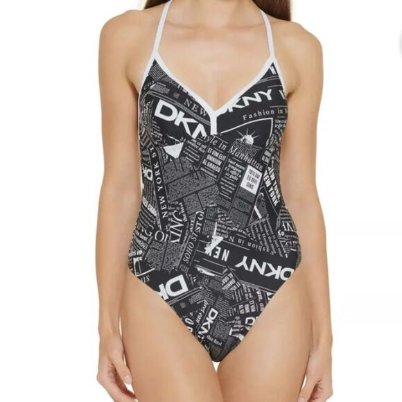 Nwt DKNY BLACK WHITE Graphic Magazine T-Back One-Piece Swimsuit - Picture 1 of 7